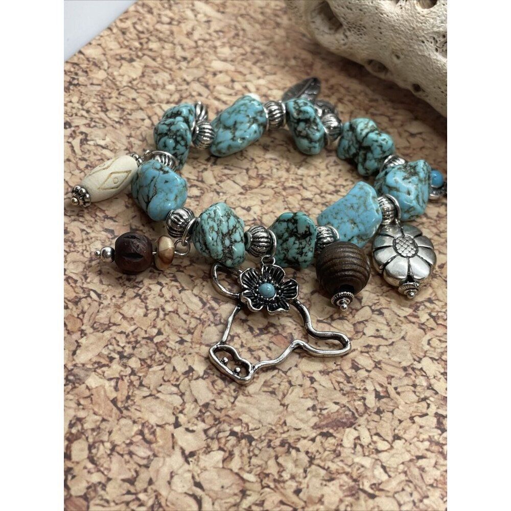 Turquoise Nugget Stretch Bracelet Feather Cactus Cow Western Bead Wood Flower - Picture 8 of 15